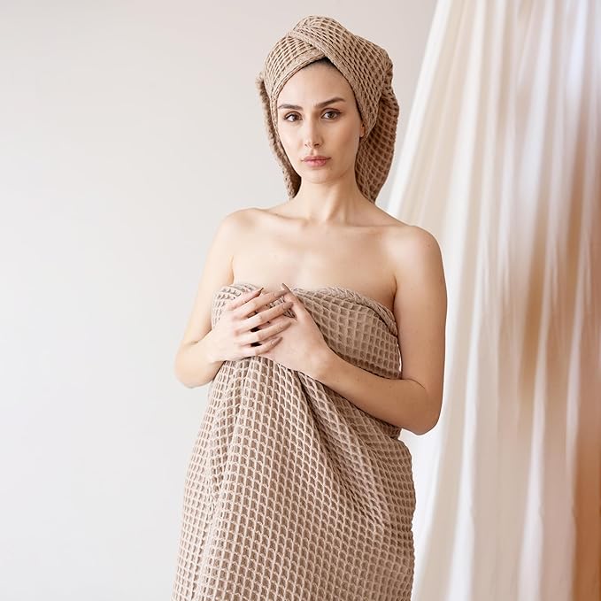 Premium Waffle Bath Sheet Towels Pack of 2 Extra Large 35x71 inch - 100% Turkish Cotton, Waffle Weave, Quick Dry, Lint Free, Light, Thin, Oversized Bath Towel (Brown, Set of 2 Bath Towels)