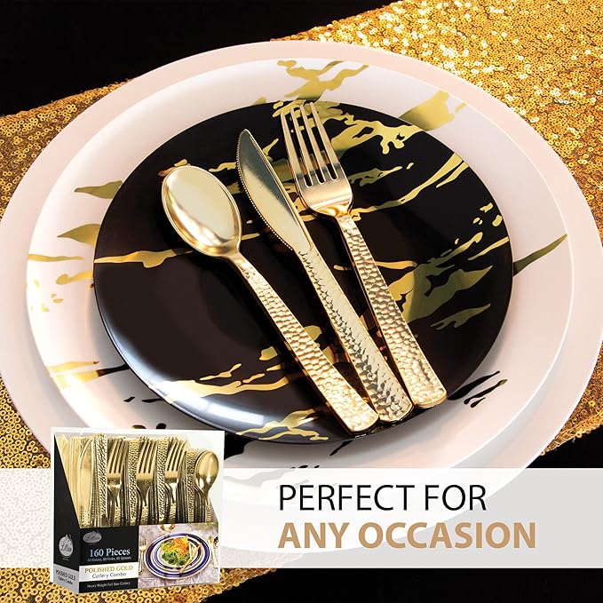 Plastic Cutlery Silverware Extra Heavyweight Disposable Flatware, Full Size Cutlery Combo, Gold Pebbled, 80 Forks, 40 Spoons, 40 Knifes, Value Pack 160 Count