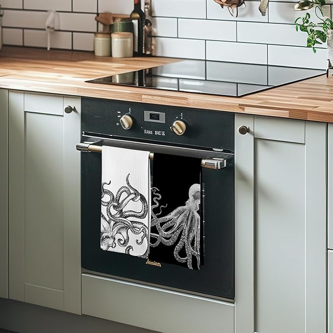 Coastal Octopus Decor Dish Hand Tea Towels for Bathroom Kitchen, Octopus Ocean Nautical Beachy Bathroom Decor, Black and White Coastal Nautical Kitchen Towels and Dishcloths Sets of 2,16x24In