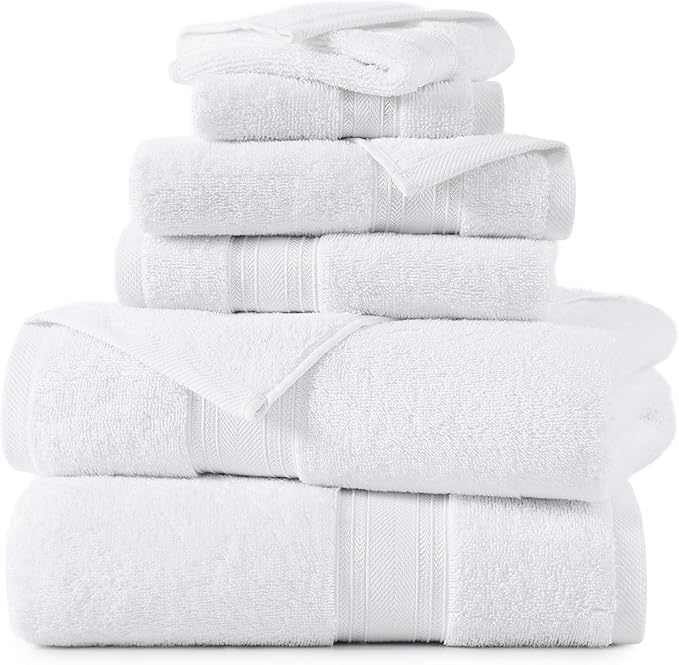 LANE LINEN Towel Set of 6 – 100% Mercerized Cotton, Zero Twist, 2 Large Bath Towel, 2 Hand Towels & 2 Wash Cloths, Quick Dry & Long-Lasting, Perfect for Family Bathrooms, Easy Care – White Towels