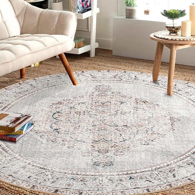 Easy-Going Round Rug 6ft Area Rug Washable Boho Circle Rugs for Living Room Non-Slip Bedroom Rug Low Pile Lightweight Vintage Distressed Throw Rug for Dining Room Kitchen Home Office, Grey Brick
