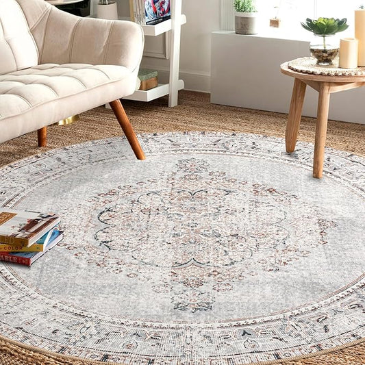 Easy-Going Round Rug 6ft Area Rug Washable Boho Circle Rugs for Living Room Non-Slip Bedroom Rug Low Pile Lightweight Vintage Distressed Throw Rug for Dining Room Kitchen Home Office, Grey Brick