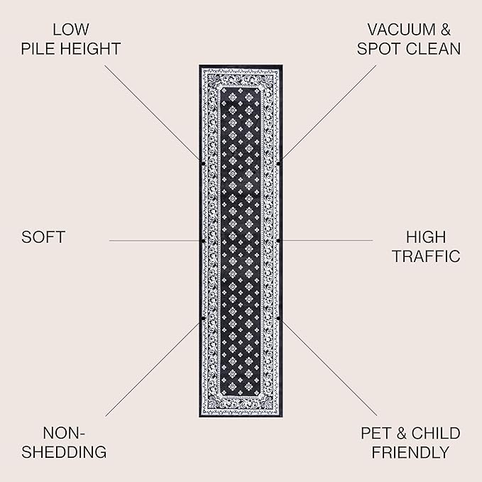 JONATHAN Y Acanthus French Border Black/Gray Runner Rug, 2x8, Vintage, Bohemian, Easy-Cleaning for Living Room, Bedroom, Kitchen, Pet Friendly, Non-Shedding (MDP504A-28)