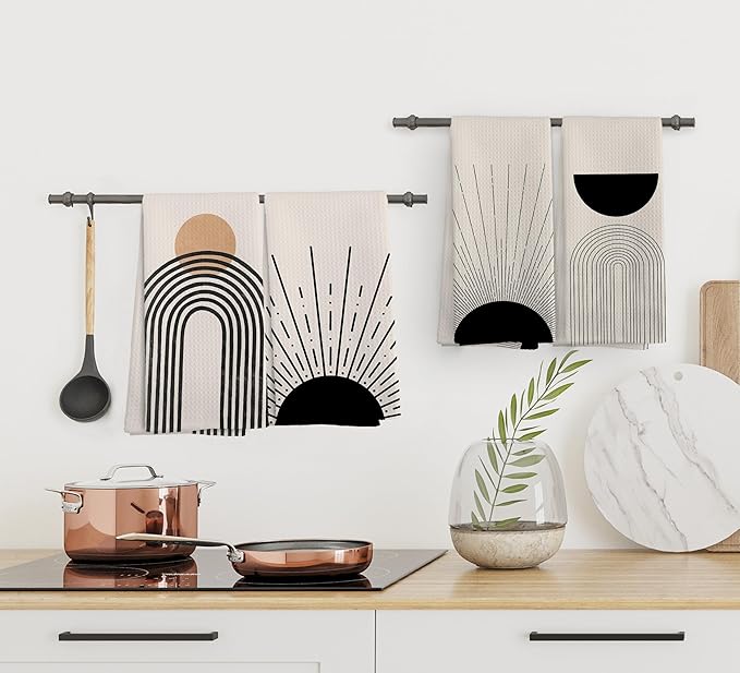 Boho Abstract Kitchen Towels and Dishcloths Set of 4, Boho Hand Towels, Mid Century Modern Abstract Minimalist Sunshine Drying Cloth Hand Dish Tea Towel for Bathroom Kitchen, 16x24 Inches