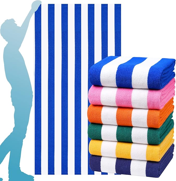 Genovega 6 Packs Stripe Beach Towel Thin Terry Set XL Big Extra Large Oversized Accessories Essentials Soft Super Absorbent Clearance Pool Travel Bath Swim Camping Towels Bulk Men Women Adults Gift