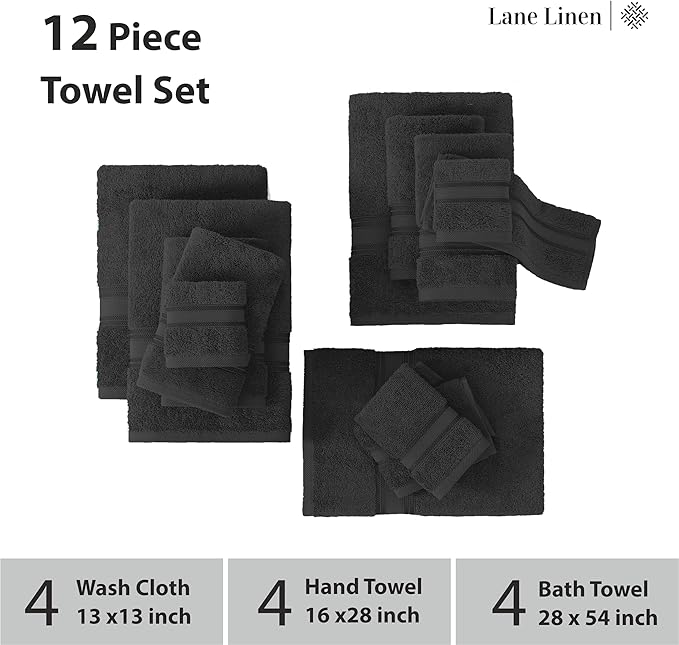 LANE LINEN 12 Pack Premium Towels for Bathroom – 100% Cotton, Zero Twist, 4 Bath, 4 Hand Towel & 4 Wash Cloths, Highly Absorbent, Remains Soft After Wash, Hotel & Spa Quality – Black