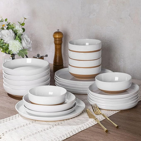 AmorArc Ceramic Dinnerware Sets with Pasta Bowls for 6, Handpainted Plates and Bowls Set with Rustic Terracotta Underside, Scratch Resistant Dishes Set, Dishwasher & Microwave Safe, 24 Pcs