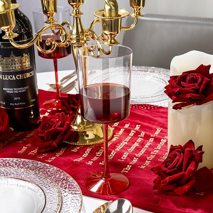 Ciaell 12 Pack 10 Oz Clear Plastic Wine Glasses with Red Stem - Disposable Cocktail Goblets Perfect for Parties & Weddings & Poolside & Outdoors & Camping & Party & Christmas