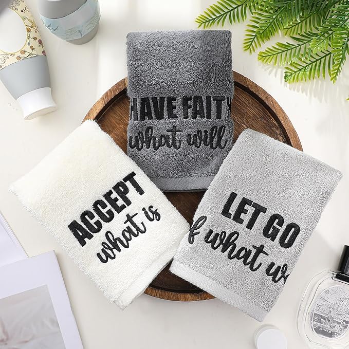 3pcs Farmhouse Decorative Hand Towels for Bathroom and Kitchen Rustic Embroidered 100% Cotton Hand Towels Decorative Set for Boho Bathroom Decor (Motivational Language)