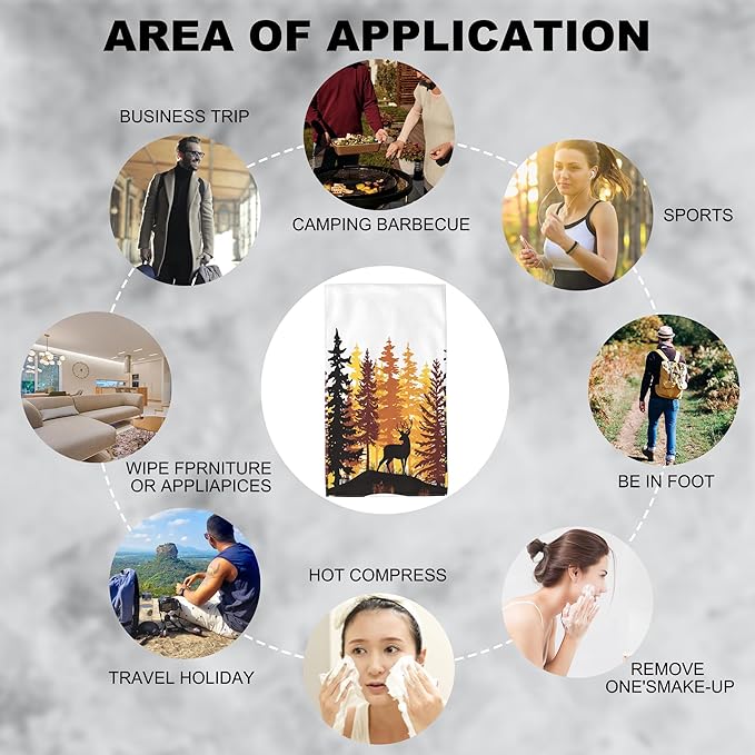 Sunset in Coniferous Forest Hand Towel Set,Deer with Sunset Hand Towels for Bathroom 2 Pack Soft Absorbent Decorative Dish Towel for Kitchen Sports Gym Yoga Home Decor 14 x 28 in