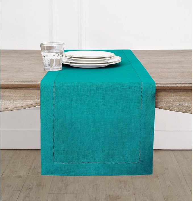Solino Home Linen Teal Table Runner 144 Inches Long - 100% Pure Linen Extra Long Table Runner 14 x 144 Inch - Classic Hemstitch