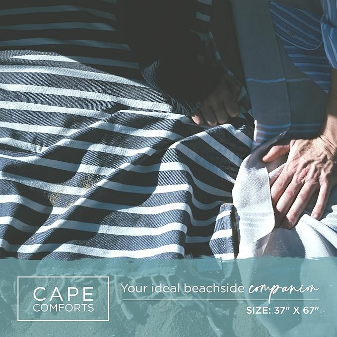 Large Turkish Beach Towel, Striped Navy & Natural - 37'' x 67'' - Super Soft & Lightweight - Quick Dry Sand Free Travel Towels for Beach or Bath - Gifts