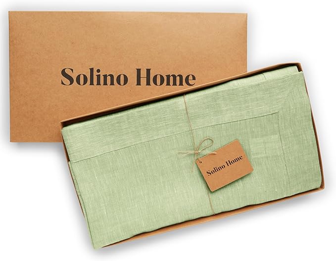 Solino Home Linen Tablecloth 60 x 108 Inch - 100% Pure Linen Chambray Green Table Cloth for Rectangular Tables - Athena, Machine Washable Cloth Tablecloth