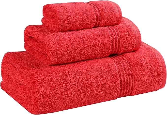 Superior Egyptian Cotton 3-Piece Towel Set, Assorted Towels for Home Bathroom, Master, Guest Bath, Decor Essentials, Includes 1 Bath, 1 Hand, 1 Face Towel/Washcloth, Quick Dry, Absorbent, Red