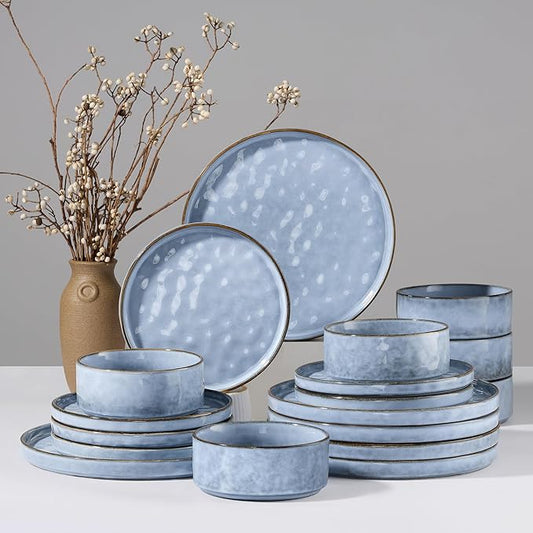 HaWare Dinnerware Sets, 18-Piece Plates and Bowls Set, Stoneware Dish Set for 6, Ceramic Dinnerware for Home Restaurant, Chip and Scratch Resistant, Microwave and Dishwasher Safe, Reactive Blue