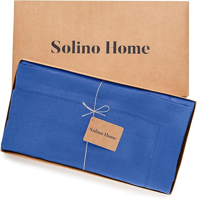 Solino Home Royal Blue Linen Tablecloth 60 x 90 Inch - 100% Pure Linen Hemstitch Table Cloth for Rectangle Tables - Classic Hemstitch, Machine Washable Tablecloth for New Year