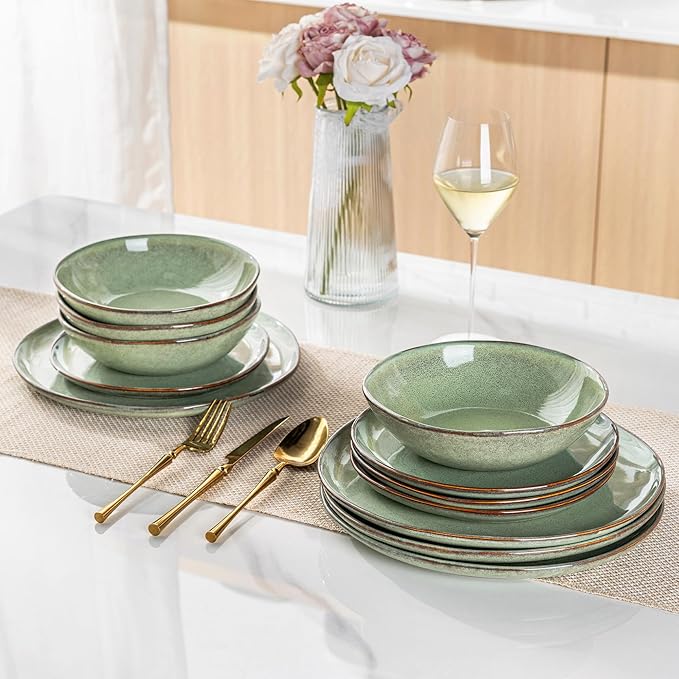 AmorArc Ceramic Dinnerware Sets,Handmade Reactive Glaze Stoneware Plates and Bowls Set,Highly Chip and Crack Resistant | Dishwasher & Microwave Safe Dishes Set,Service for 4 (12pc)