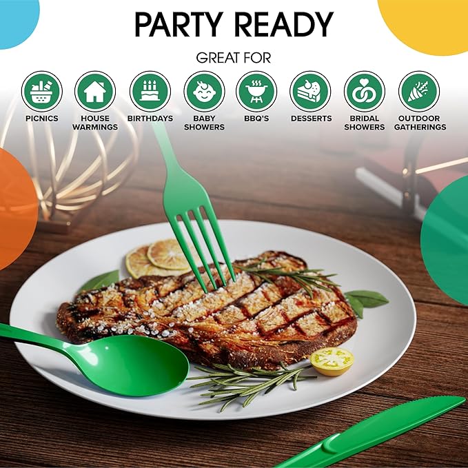 Party Solids Disposable Emerald Green Plastic Spoons 200 Pcs - Heavy Duty Modern Plastic Disposable Cutlery