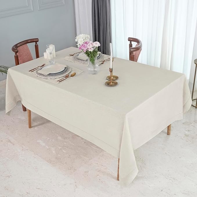 D'Moksha Homes Light Natural Linen Tablecloth for Rectangle Tables 60 x 132 Inch - 100% Pure Linen Natural Table Cloth - Classic Hemstitch, Machine Washable Dining Tablecloth for Christmas, Holiday