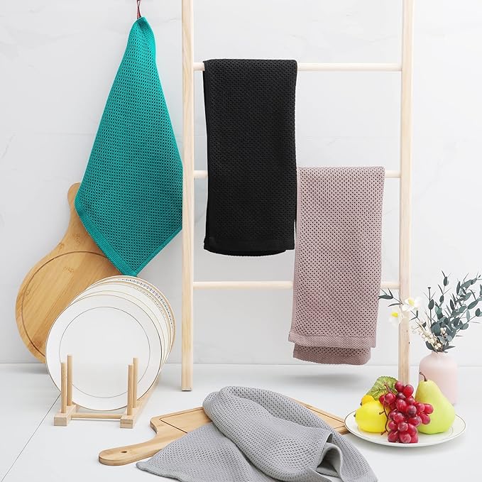 Homaxy 100% Cotton Waffle Weave Kitchen Dish Towels, Ultra Soft Absorbent Quick Drying Cleaning Towel, 13 x 28 Inches, 6-Pack, Black