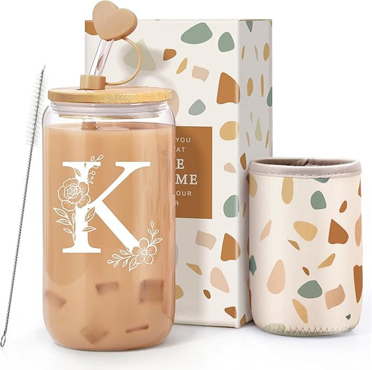 Personalized Gifts for Women, Monogrammed Gifts for Women, Initial 16 oz Glass Cups With Lids and Straws, Customized Mug, Personalized Birthday Gifts Christmas Gifts for Her Mom Friend Woman, K