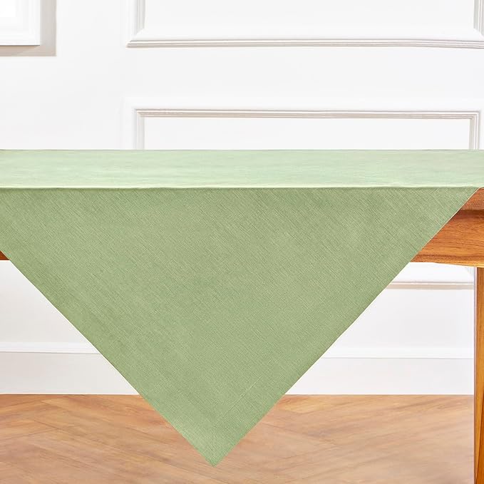 Solino Home Linen Tablecloth 52 x 52 Inch - 100% Pure Linen Laurel Green Square Tablecloth - Fete, Machine Washable Table Throw