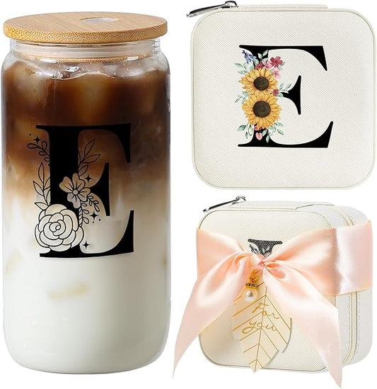 AYGXU Travel Jewelry Cases Organizer,Travel Essentials,Travel Gifts for Women Girls,16oz glass cup with bamboo lid and straw,aesthetic glass cup,Cute Tumbler Cup,Teacher Gifts,Initial E white