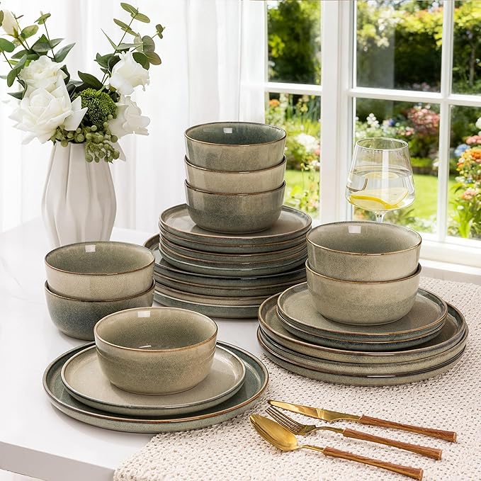 AmorArc Stoneware Dinnerware Sets,Round Reactive Glaze Ceramic Plates and Bowls Sets,Highly Scratch Resistant | Dishwasher & Microwave Safe,Service for 8 Dishes Set (24pc)