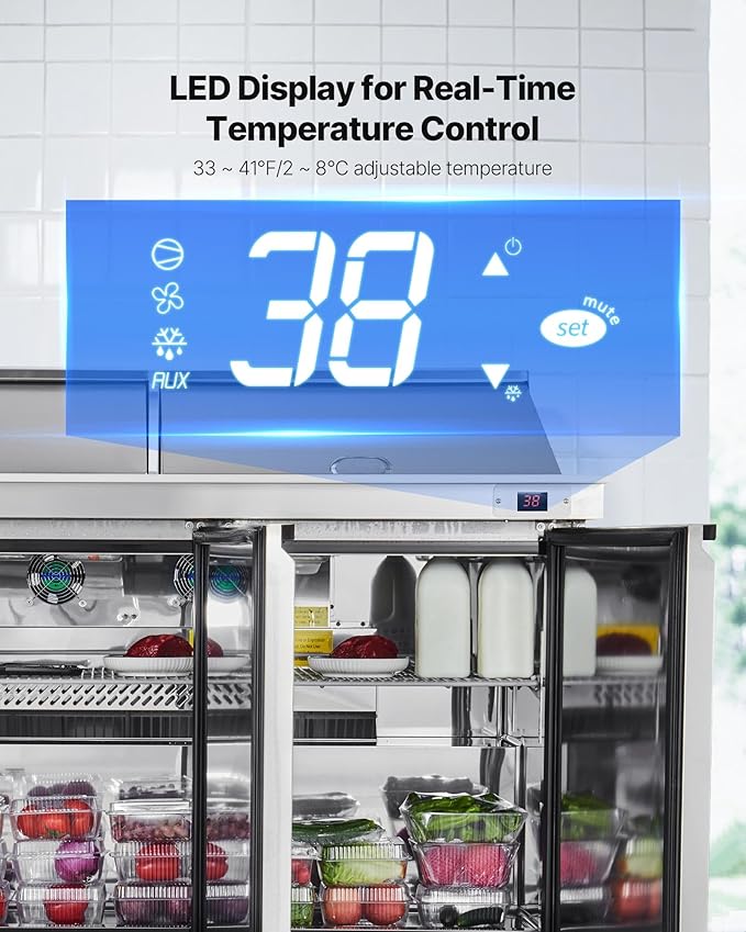 VEVOR 72"W Commercial Refrigerator, 18.7 Cu. Ft Sandwich Prep Refrigerated Table, Mega Top Food Prep Fridge with 30 Pans and Cutting Board, Stainless Steel Salad Prep Cooler for Restaurant, Food Truck