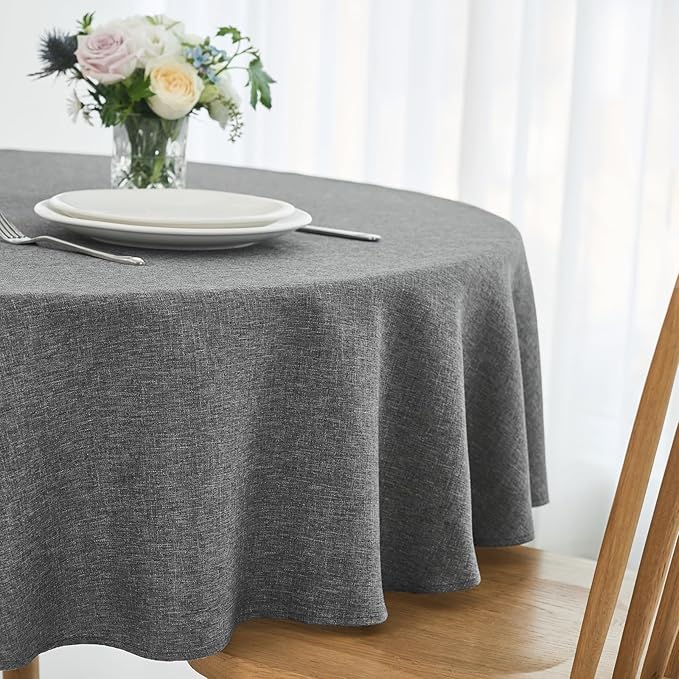 maxmill Round Linen Textured Tablecloth Spill-Proof Stainproof Wrinkle Free Washable Fabric Table Cloth for Circular Table Cover, Dining Room Buffet Banquet Parties Holiday Dinner, 70 Inch, Dark Grey