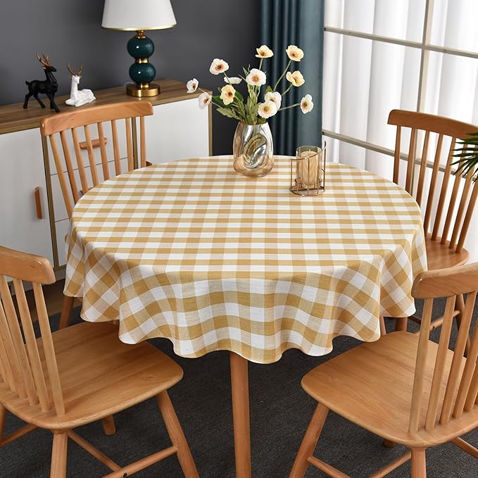 Gingham Table Cloth for Round Tables Yellow Checkered Plaid Tablecloth Heavy Duty Cotton Blend Washable & Wrinkle Table Cover for Outdoor Kitchen Dining Picnic Camping (53 inch Diameter)