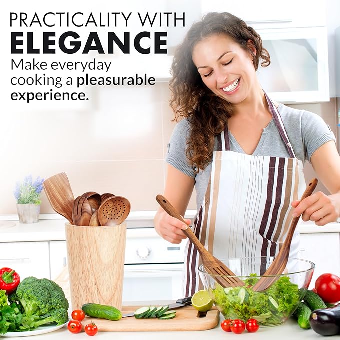 Zulay Kitchen Premium 8-Piece Wooden Spoons - Smooth Finish, Natural Teak Wood, Non-Stick, Handmade