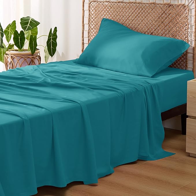 Bedsure Cooling Sheets Twin XL, Rayon Derived from Bamboo, Breathable & Soft Twin XL Sheet Sets, Deep Pocket Up to 16 Inches, Hotel Luxury Silky Dorm Bedding for Hot Sleepers, Turquoise