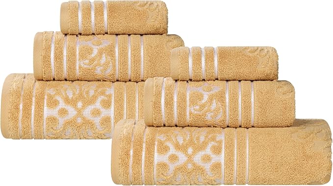 Superior Cotton 6 Piece Towel Set, 2 Bath, 2 Hand, 2 Washcloth/Face Towels, Quick Dry, Home Essentials, Shower, Spa, Luxury Plush Soft Absorbent Towels, Zero-Twist, Jacquard Floral, Gold