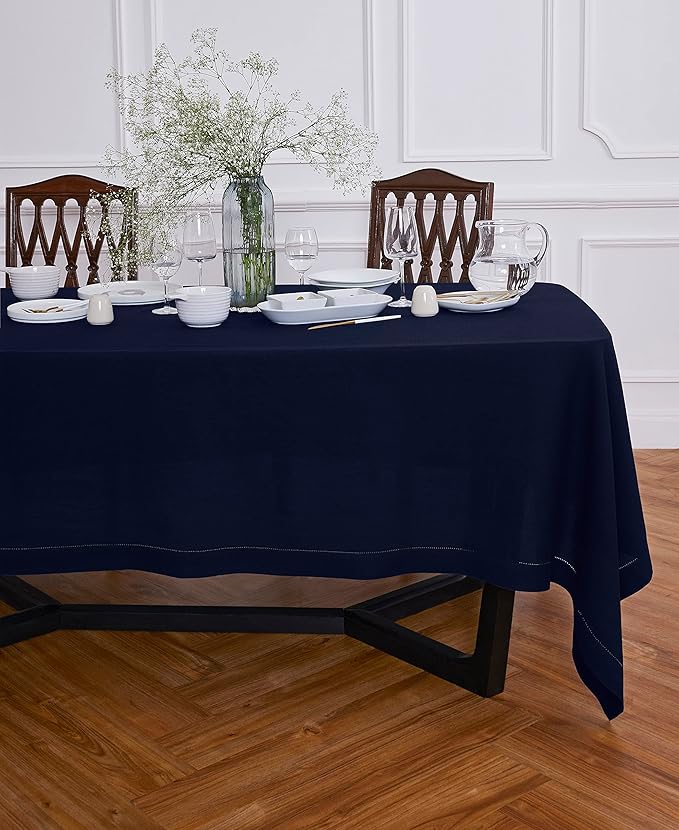 Solino Home Linen Tablecloth 70 x 144 Inch - Sonoma Hemstitch 100% Pure Linen Indigo Navy Table Cloth for Rectangle Tables - Machine Washable Tablecloth for Winter