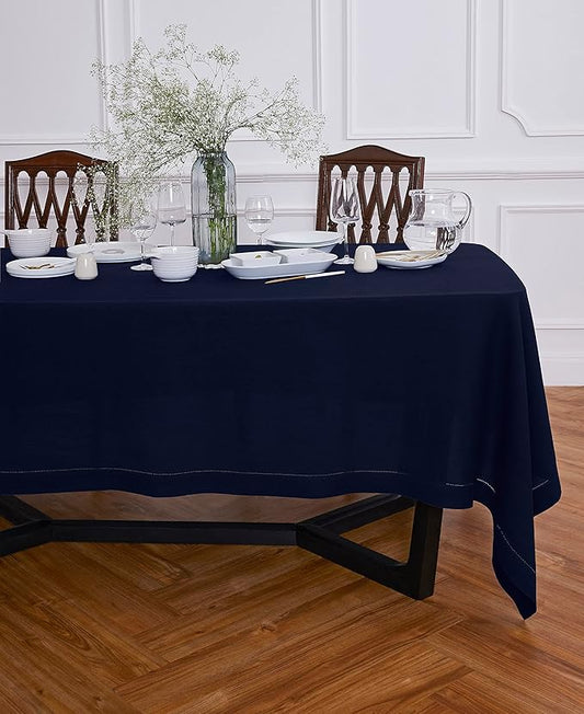 Solino Home Linen Tablecloth 70 x 120 Inch - Sonoma Hemstitch 100% Pure Linen Indigo Navy Table Cloth for Rectangle Tables - Machine Washable Tablecloth for Winter