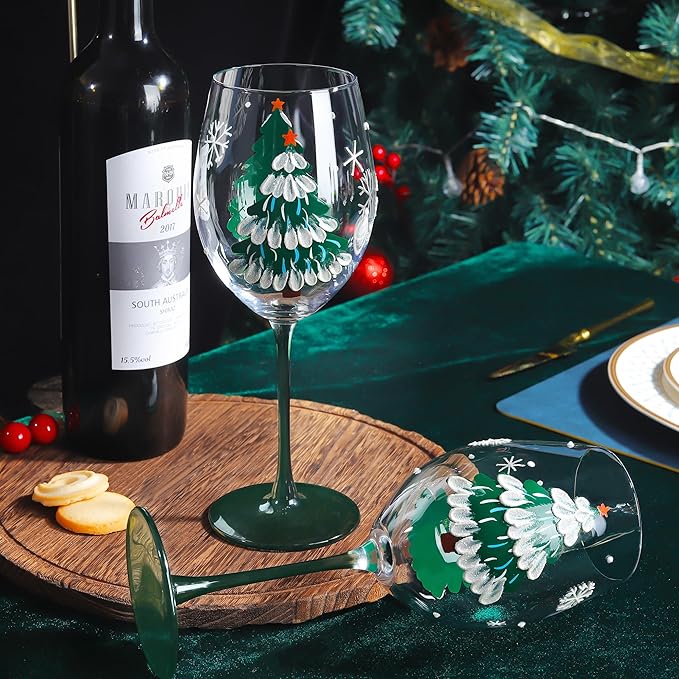 Joeyan Christmas Crystal Red and White Wine Glasses,Hand Painted Glass Goblet Drinking Glasses,Green Xmas Tree and Snowflakes Patterned Glass Tumbler Cups with Stem,Gift for Men Women,19.5 oz,Set of 2