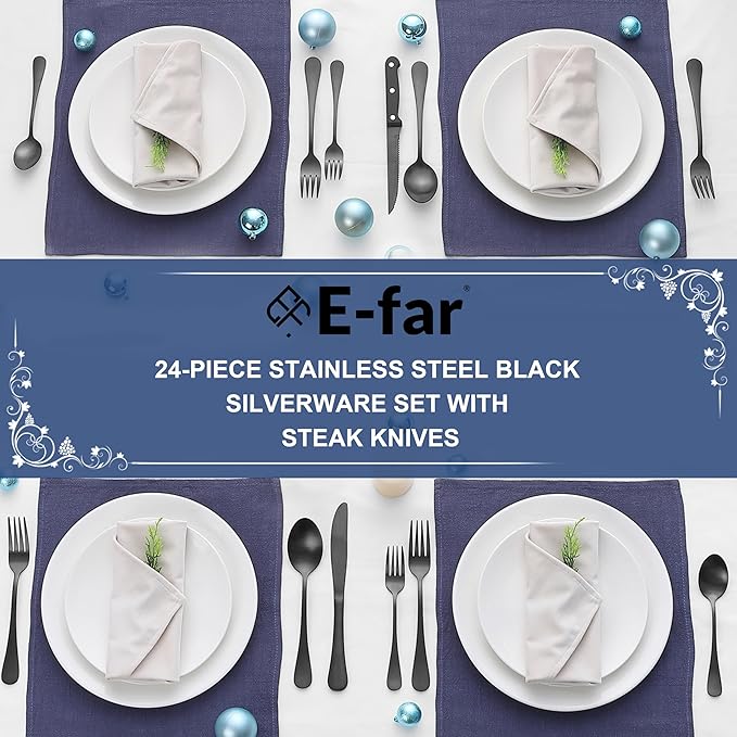E-far 24-Piece Black Silverware Set with Steak Knives, Stainless Steel Flatware Cutlery Set for 4, Matte Black Metal Eating Utensils Sets Include Forks and Spoons Knife, Modern Design & Rust Proof