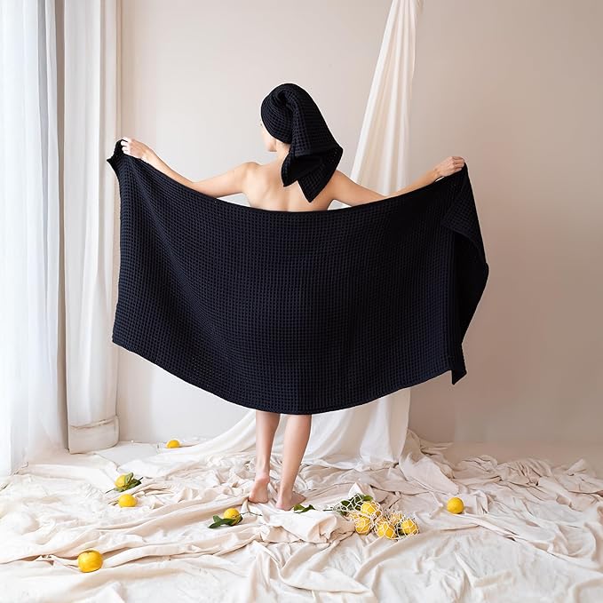 Premium Black Waffle Bath Towels Pack of 2 Extra Large 35x71 inch - 100% Turkish Cotton, Waffle Weave, Quick Dry, Lint Free, Oversized, Thin Bath Sheet Towel (Black, Set of 2 Bath Towels)