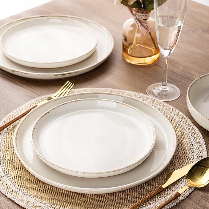 AmorArc Ceramic Dinnerware Sets for 4, 12 Pieces Handpainted Plates and Bowls Set with Rustic Terracotta Underside, Scratch Resistant Stoneware Dishes Set, Dishwasher & Microwave Safe, Beige