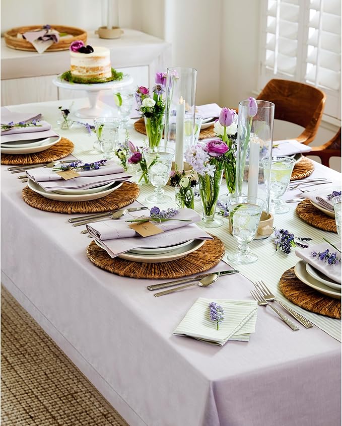 Solino Home Lilac Linen Tablecloth 60 x 120 Inch - 100% Pure Linen Hemstitch Table Cloth for Rectangle Tables - Classic Hemstitch, Machine Washable Tablecloth for Valentines, New Year