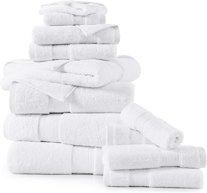 LANE LINEN 100% Mercerized Cotton Bath Towels Set of 12 – Zero Twist, 4 Bath, 4 Hand Towel & 4 Washcloths, Soft, Ideal for Spa Hotel & Home, Durable After Multiple Washes – White Towels