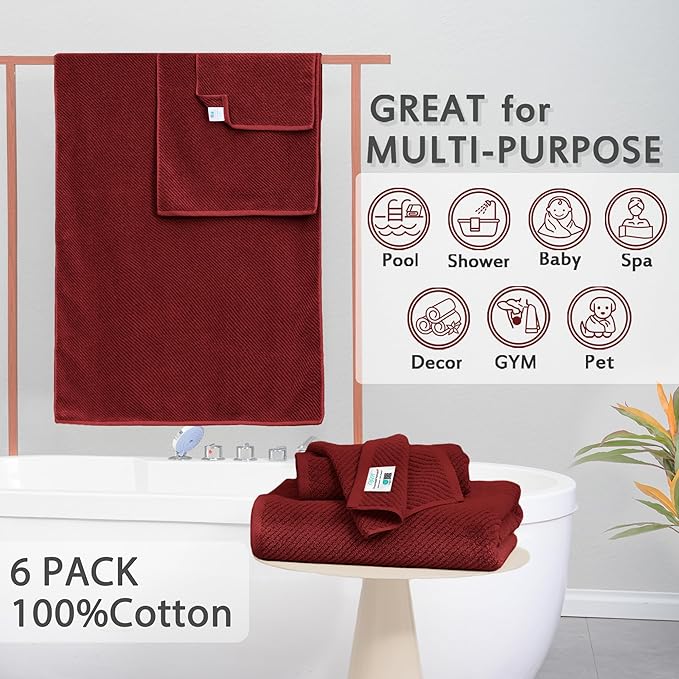 VOOVA & MOVAS Burgundy Towel Set - 100% Cotton | Lightweight | Soft | Quick Dry, 6 Piece Towel Set,2 Large Bath 30"x56", 2 Hand 18"x28", 2 Washcloths 13"x13", Towels Gift Set, Red Towels