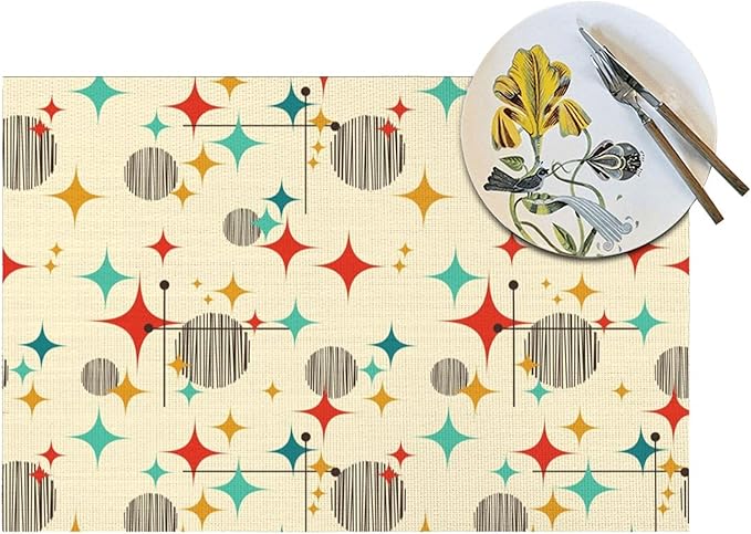 Mid Century Modern Atomic Retro Placemats Set of 4, Yellow Table Mats Heat Resistant Washable Placemat for Kitchen Dining Table Holiday Home Decor Linen Place Mats 12x18 Inch