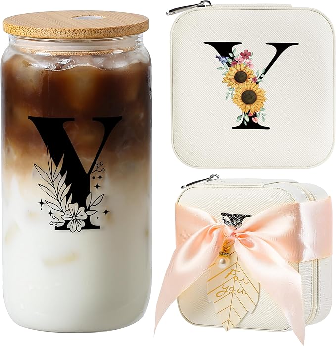 AYGXU Travel Gifts for Women,16oz glass cups with lids and straws,mom birthday gifts,aesthetic cups,coffee cups,travel jewelry case organizer,Travel Essentials Small Jewelry Box,Initial Y white