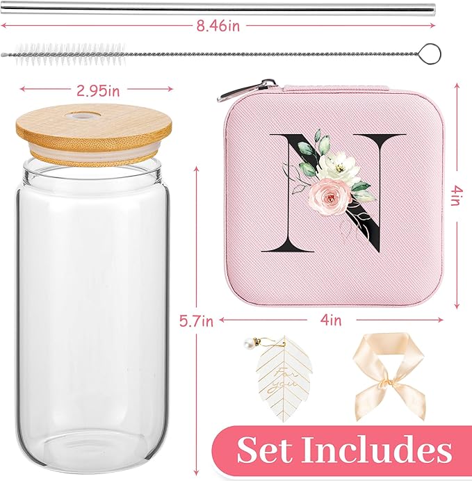 AYGXU Initial Glass Cups,Monogrammed Gifts, Small jewelry travel case,Travel Jewelry Box for Women Teen Girls,Travel Essentials,Cute Tumbler Cup with lid,Travel Jewelry Organizer,Initial pink N