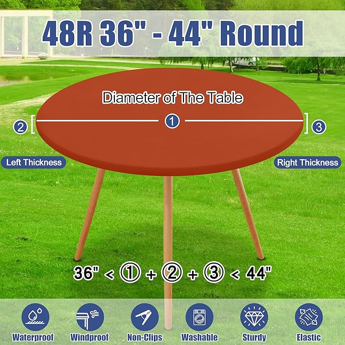 Round Spandex Thanksgiving Tablecloth, Elastic Fitted Waterproof Tablecloths for 36"-44" Tables, Stretch Washable Picnic Table Cover for Camping, Dining, Indoor and Outdoor, Rust
