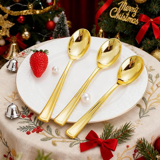 WDF 100 Pack Gold Plastic Spoons Disposable - Durable Heavy Duty 6.9 Inch Gold Spoons, Heat Resistant Modern Disposable Spoons Perfect for Christmas Parties, Wedding, Banquets