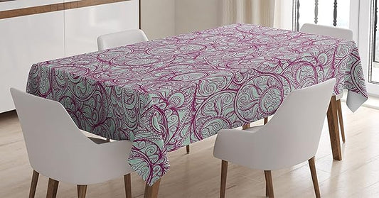 Ambesonne Purple Tablecloth, Bohemian Style Paisley Leaf with Curly Petal Veins Retro Effect Mandala Plant, Rectangular Table Cover for Dining Room Kitchen Decor, 52" X 70", Turquoise Purple