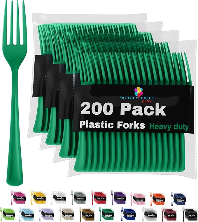 Party Solids Emerald Green Plastic Forks 200 Pcs Green Forks Disposable Utensils Heavy Duty Plastic Cutlery Set Disposable Cutlery Sets Flatware Sets Silverware Set Party Supplies & Party Tableware